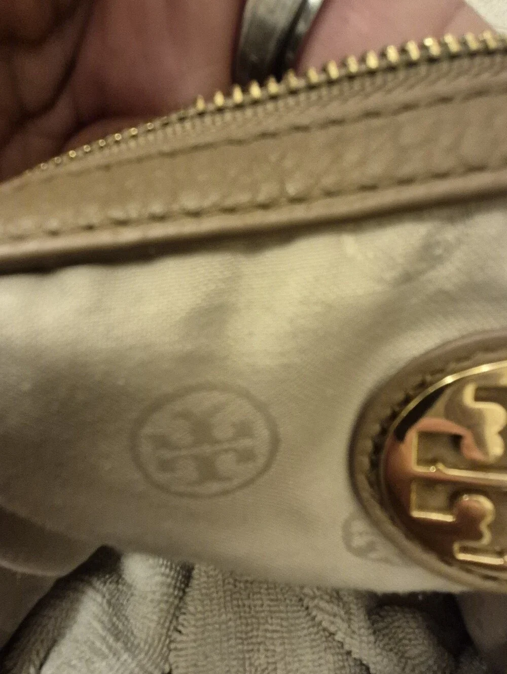 Tory Burch Taupe Pebbled Leather Hobo with Gold Logo Medallion